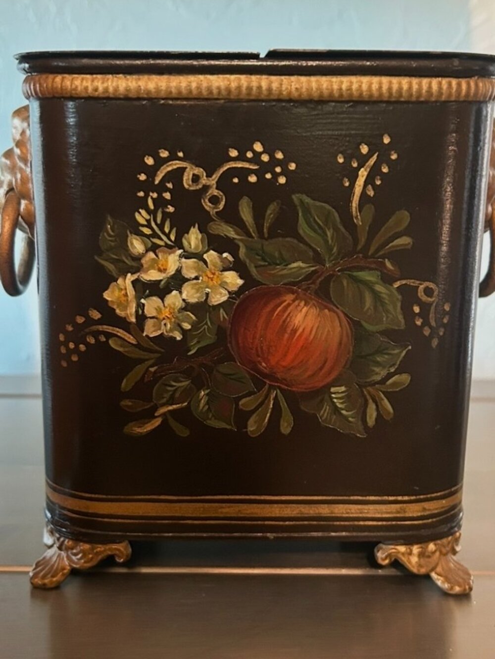 Vintage Hand Painted Toleware Metal Container w Lion Head Handles